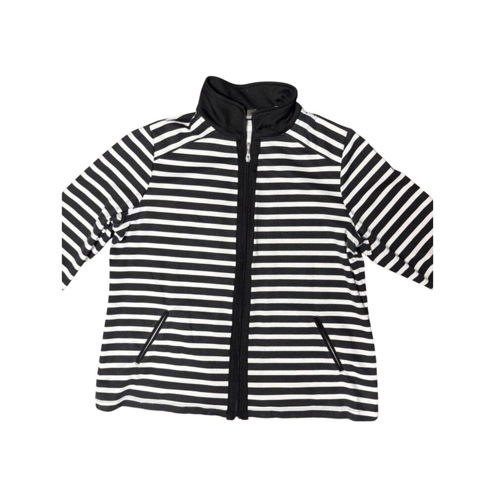 Alison Daley Women’s L Black White Striped Zip Jacket Roll Tab Sleeves Stretch